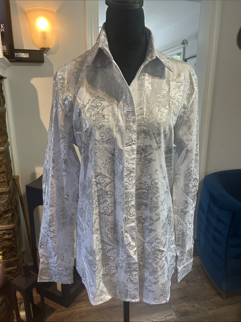 Silver-Print White Button-Down Shirt